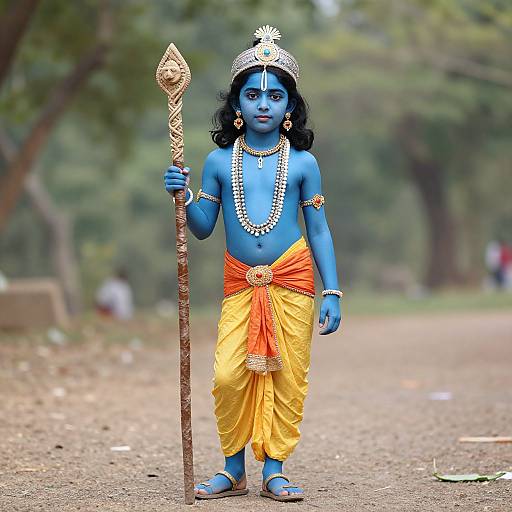 Photograph of a blue-skinned Hindu deity child statue with black hair, wearing a yellow-orange dhoti, gold jewelry, and holding a staff