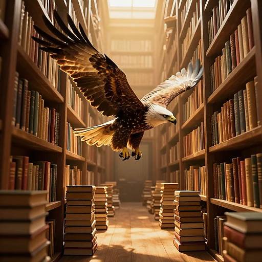 Photograph of a majestic bald eagle with outstretched wings soaring between towering library shelves filled with books, bathed in warm sunlight.