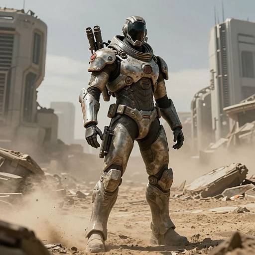 Photorealistic CGI of a futuristic, armored soldier with a helmet and backpack-mounted gun standing in a dusty, ruined cityscape.