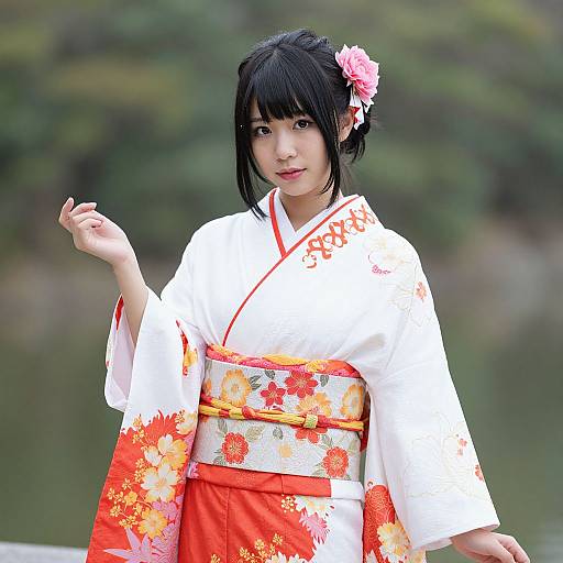 Photograph of an Asian woman with black hair, wearing a white floral kimono with red and orange accents, pink hairpin, and red obi