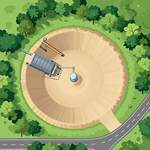 Aerial view of a circular construction site with machinery, surrounded by green trees, and a nearby road. Digital illustration.