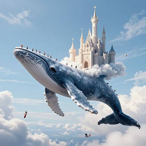 Digital artwork of a massive whale with small birds flying along its back, soaring past a whimsical, white castle in a bright blue sky with fluffy clouds