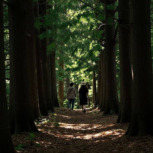 Photograph of two people, one in a beige jacket and blue jeans, the other in a black coat, walking down a sunlit, forested