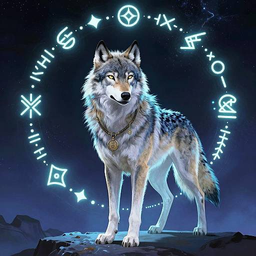 Digital art of a glowing wolf with blue neon runes circling its head, standing on rocky ground under a starry night sky.