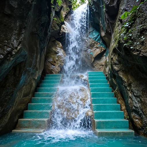 Photograph of a turquoise stair waterfall cascading between dark, rocky cliffs, with lush greenery at the top and clear blue water at the bottom.