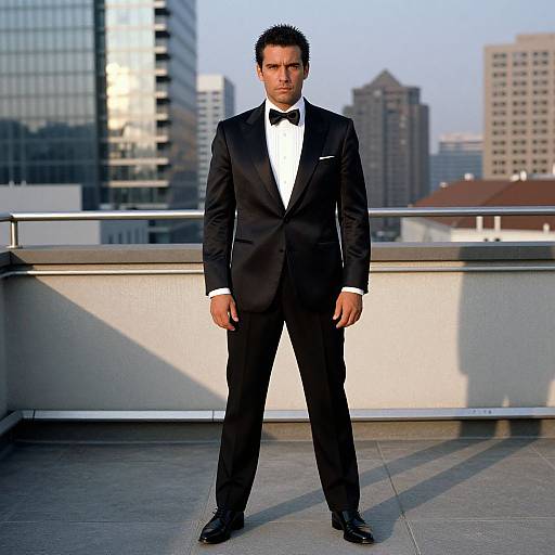 Photograph of a serious, dark-haired man in a black tuxedo with a white shirt and black bow tie, standing on a rooftop with a