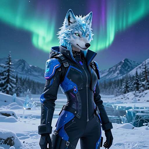 Cyberpunk Ice Wolf Woman Under Aurora