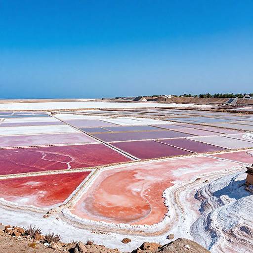 Photograph of a vividly colored salt flat under a clear blue sky, featuring red, pink, and white salt pans with white salt edges and a