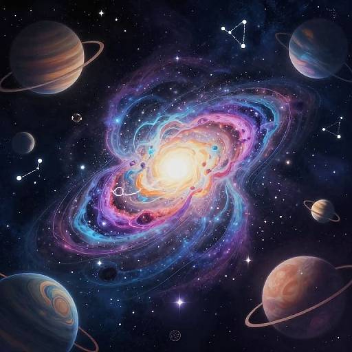 Digital art of a vibrant, glowing galaxy with swirling blue, pink, and purple rings surrounded by various planets and stars in a dark, starry space