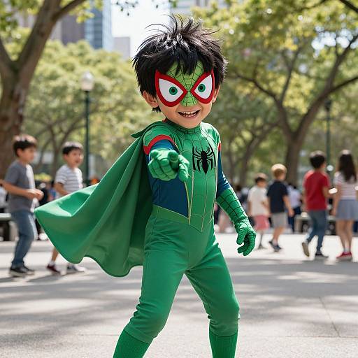 Photograph of a young boy in a detailed green Spider-Man costume with red mask, extending his right hand, in a sunlit park with blurred background