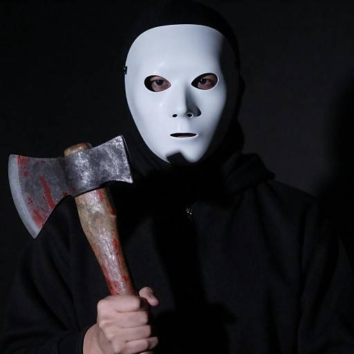 Eerie Masked Figure with Blood-Stained Axe