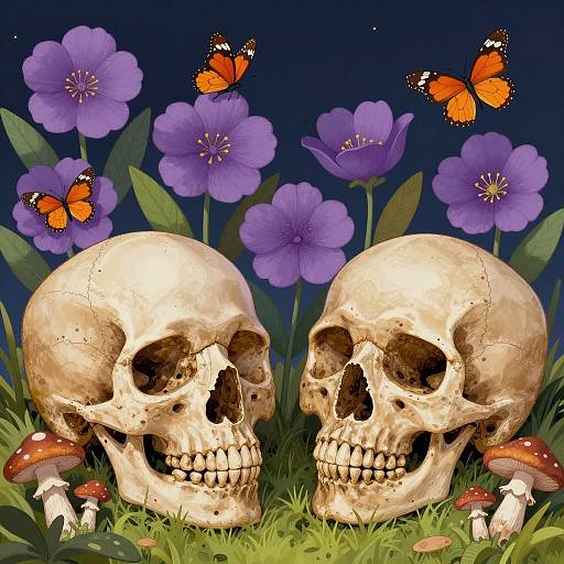 Vibrant Night Scene with Skull and Flora