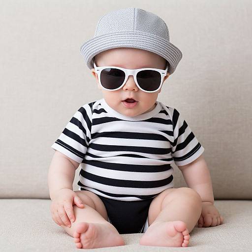 Photograph of a baby with fair skin, wearing a black-and-white striped shirt, black diaper, white sunglasses, and a white checkered hat,