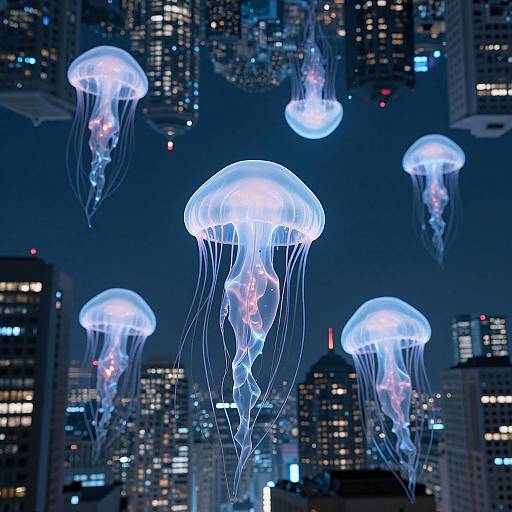Photograph of glowing blue jellyfish floating above a cityscape at night, with lit skyscrapers in the background.