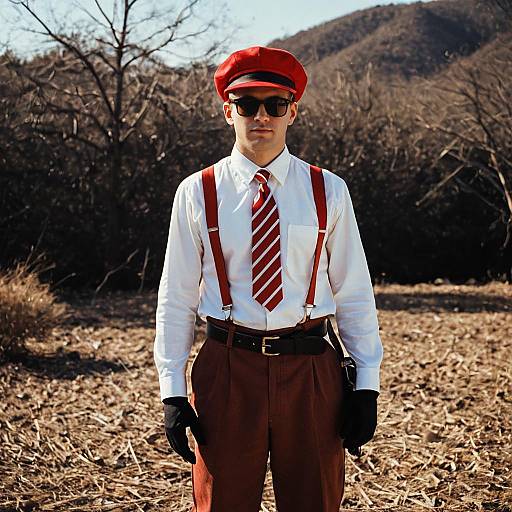 Man in Red Suspenders and Hat Outdoors
