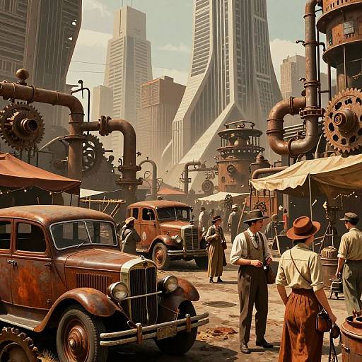 Steampunk-style digital illustration of a bustling vintage street market with rusty cars, tall skyscrapers, and steam pipes, populated by people in 
