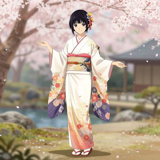 Anime-style digital illustration of a black-haired woman in a white floral kimono with blue sleeves, standing under cherry blossoms.
