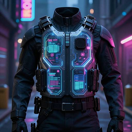 Cyberpunk-style digital artwork of a faceless male figure in a neon-lit, futuristic armored vest, standing in a neon-lit city alley