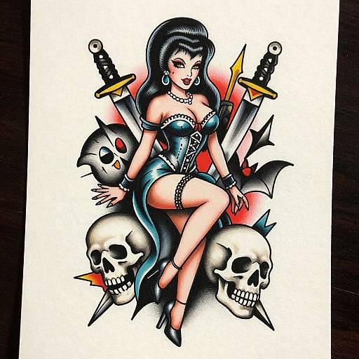 Tattoo of a sexy, black-haired woman in a blue corset, sitting between skulls, with swords behind her, in a bold, colorful