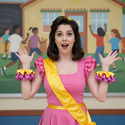 Photograph of a surprised woman in a pink dress with yellow sash and ruffled sleeves, standing in front of a colorful schoolyard.