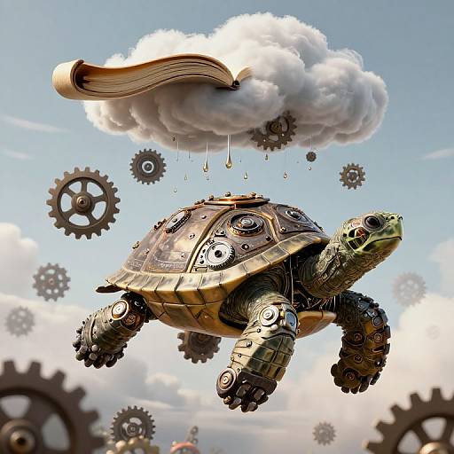 Steampunk-style CGI of a mechanical turtle flying through a sky filled with gears, water droplets, and a cloud with an open book.