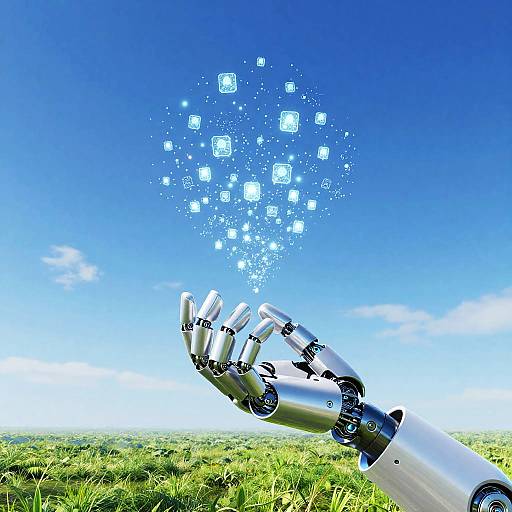 Photograph of a robotic hand with silver and black joints, extending upwards, releasing glowing blue cubes into a bright blue sky over a green grassy field