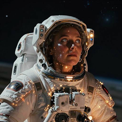 Photorealistic digital artwork of an astronaut with glowing, star-like reflections on their face, wearing a detailed white spacesuit, against a dark, star