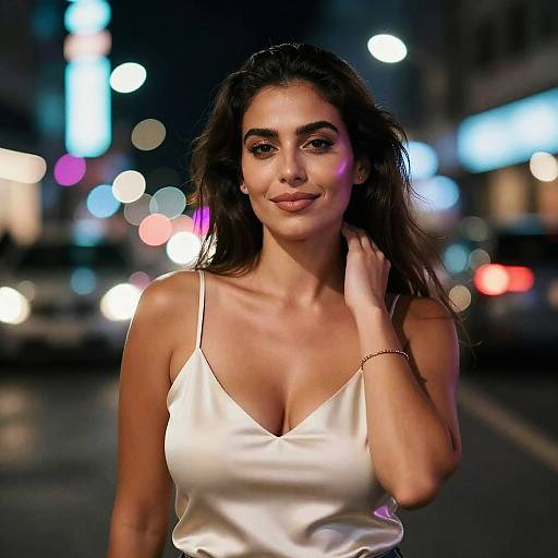 Photograph of a confident woman with long dark hair, wearing a low-cut white satin dress, standing in a brightly lit, blurry city street at night