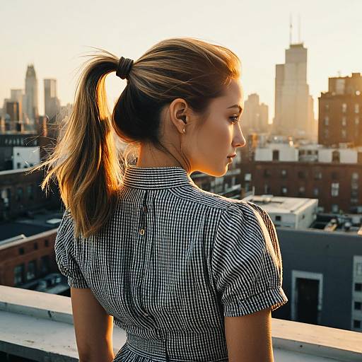 Woman with Classic Ponytail on City Rooftop at Sunset