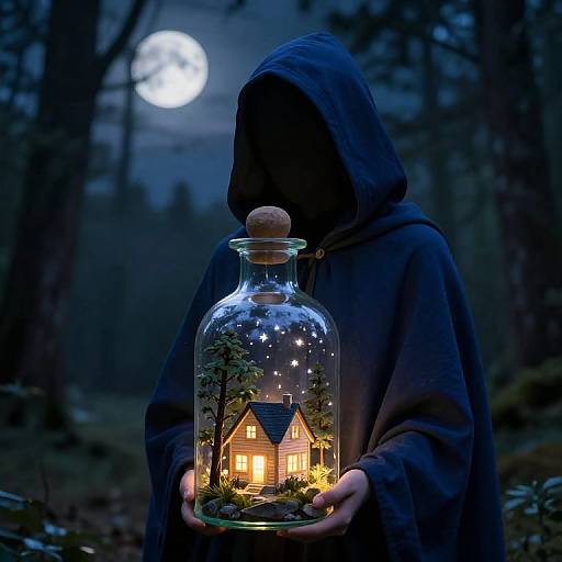 Photograph: Hooded figure in dark cloak holding glass jar with glowing miniature house and stars, under full moon in dark forest.