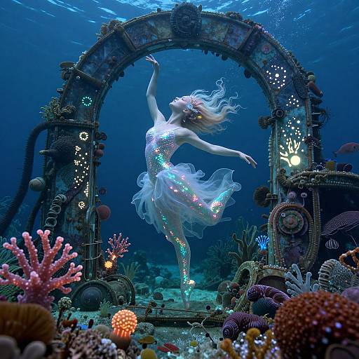 Underwater photograph of a glowing, ethereal mermaid in a sparkling white dress, dancing beneath a rusted, illuminated arch surrounded by vibrant coral and