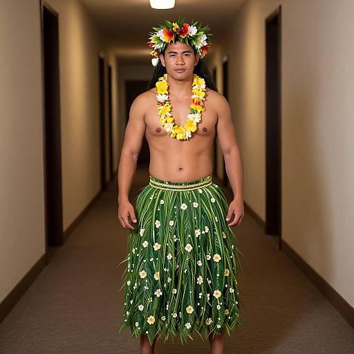 Photograph of a shirtless man with a floral headpiece, yellow flower lei, and grass skirt standing in a dimly lit hallway.