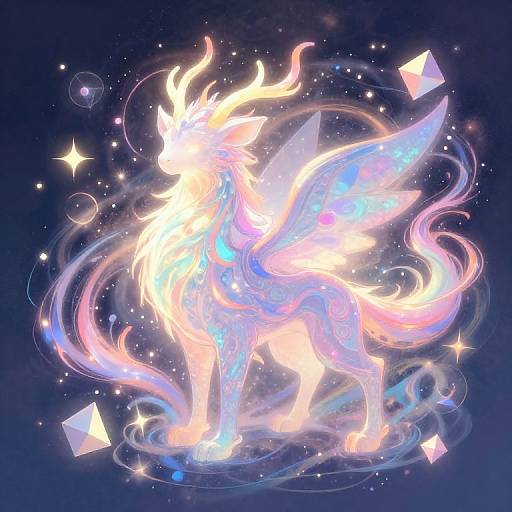Digital illustration of a glowing, ethereal unicorn with radiant wings and flowing, iridescent mane, surrounded by sparkling stars and crystals, set against a