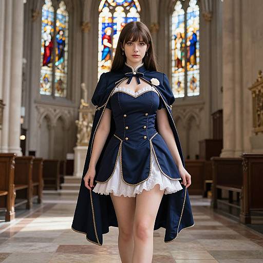 Photograph of a young woman with straight brown hair, wearing a navy blue, white-trimmed, Victorian-style dress with a cape, standing in
