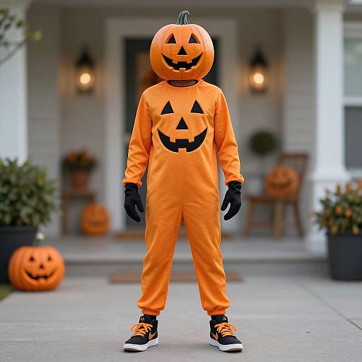 Photograph of a person in an orange pumpkin costume with a jack-o'-lantern head, black gloves, and orange sneakers, standing on a porch