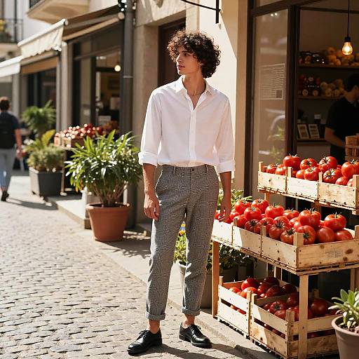 Photograph of a curly-haired man in a white shirt, gray checkered pants, and black shoes, standing outside a sunny tomato market stall on a