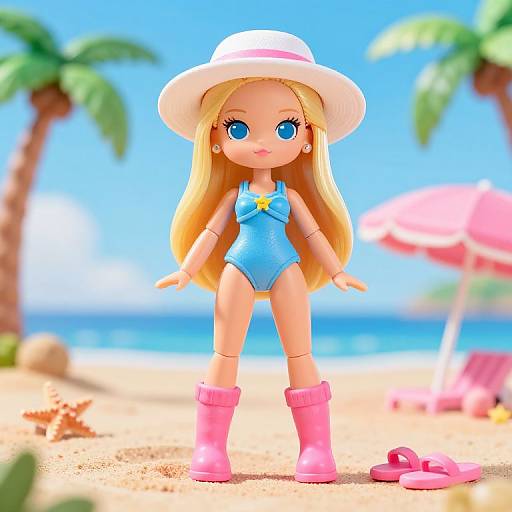 CGI image of a blonde doll with blue eyes, wearing a blue swimsuit, pink boots, and white hat, on a sunny beach with palm