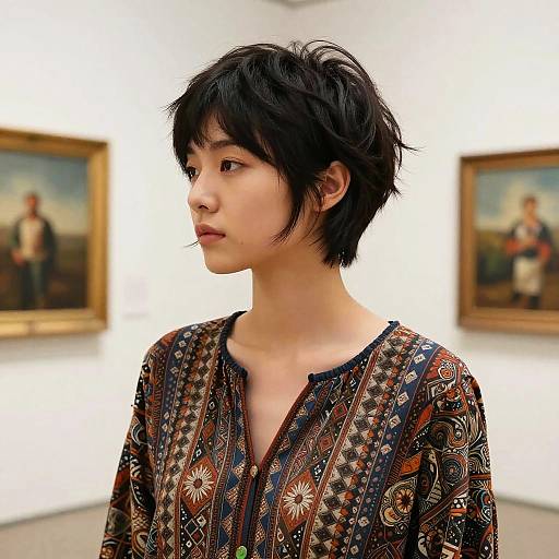 Photograph of an East Asian person with short black hair, wearing a patterned, V-neck blouse, standing in an art gallery with blurred paintings in