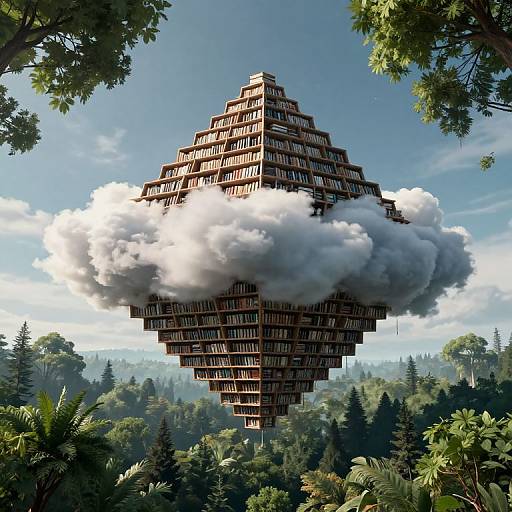 Photorealistic digital artwork of a massive pyramid-shaped library floating in a fluffy cloud over a dense forest, with a bright blue sky.