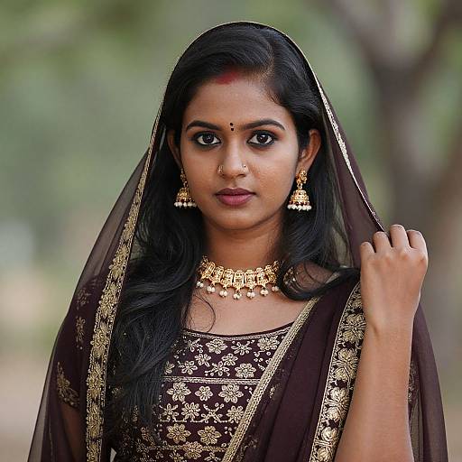 Photograph of a young Indian woman with dark skin, black hair, wearing a brown and gold embroidered saree, gold jewelry, and a red bind