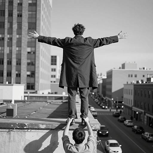 Urban Rooftop Drama in Black and White