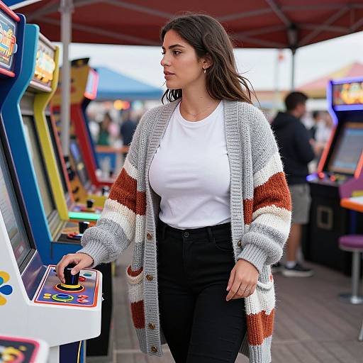 Woman Playing Arcade Games at Seaside Boardwalk