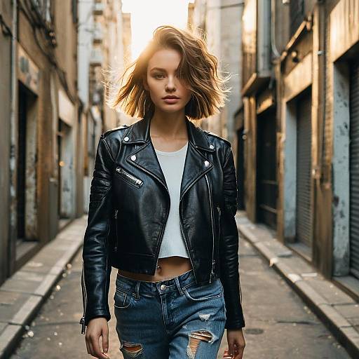 Fashion Model with French Crop Haircut in Leather Jacket