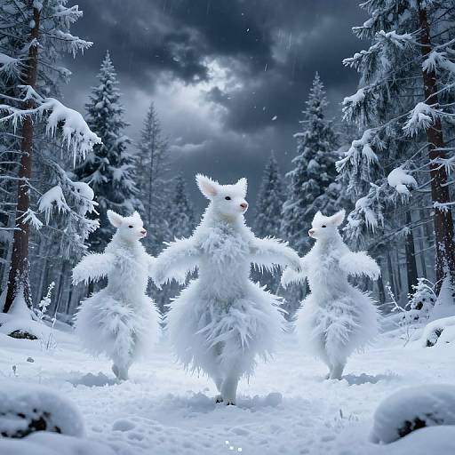 Photorealistic CGI: Four glowing white, fluffy, wolf-like creatures walk through a snow-covered, moonlit forest with snow-laden trees under a