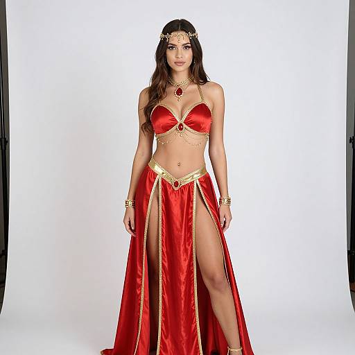 Photograph of a dark-haired woman in a red and gold fantasy-style outfit, featuring a revealing bra and high-slitted skirt, adorned with gold jewelry