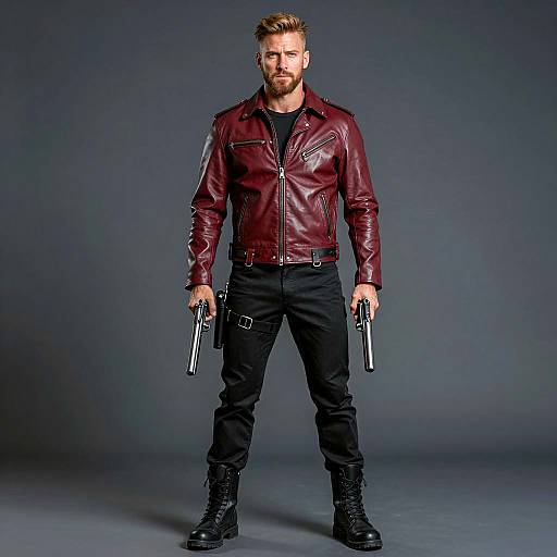Man in Maroon Leather Jacket Holding Guns
