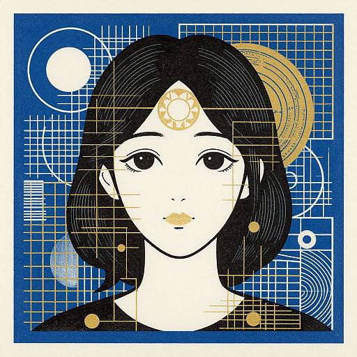 Digital illustration of a serene Asian woman with black hair, white face, and golden forehead symbol, set against a blue, geometric background.