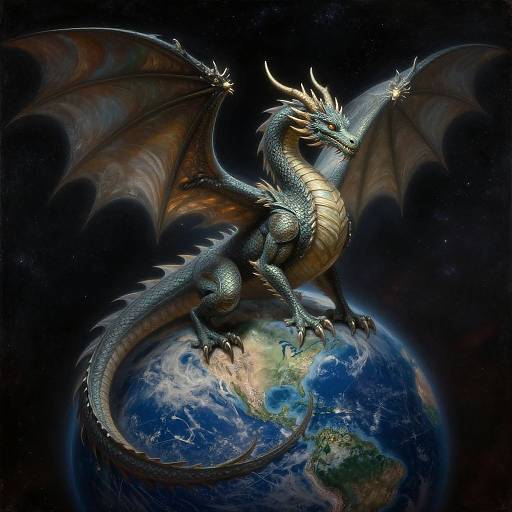 Digital artwork of a majestic, metallic-blue dragon with golden underbelly and large wings, standing on Earth in space. Dark cosmic background.
