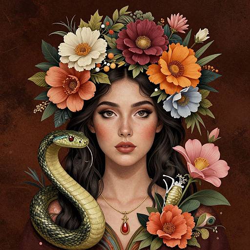 Digital art: Fair-skinned woman with dark hair, flower crown, and snake, wearing red necklace, against brown background, vibrant flowers.