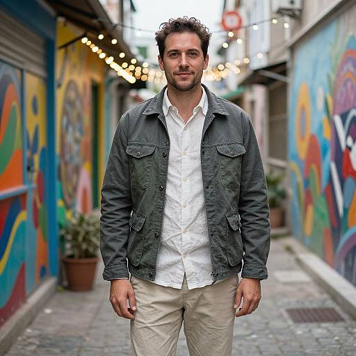 Photograph of a bearded man with curly hair, wearing a black denim jacket and white shirt, standing in a colorful graffiti alley with string lights.